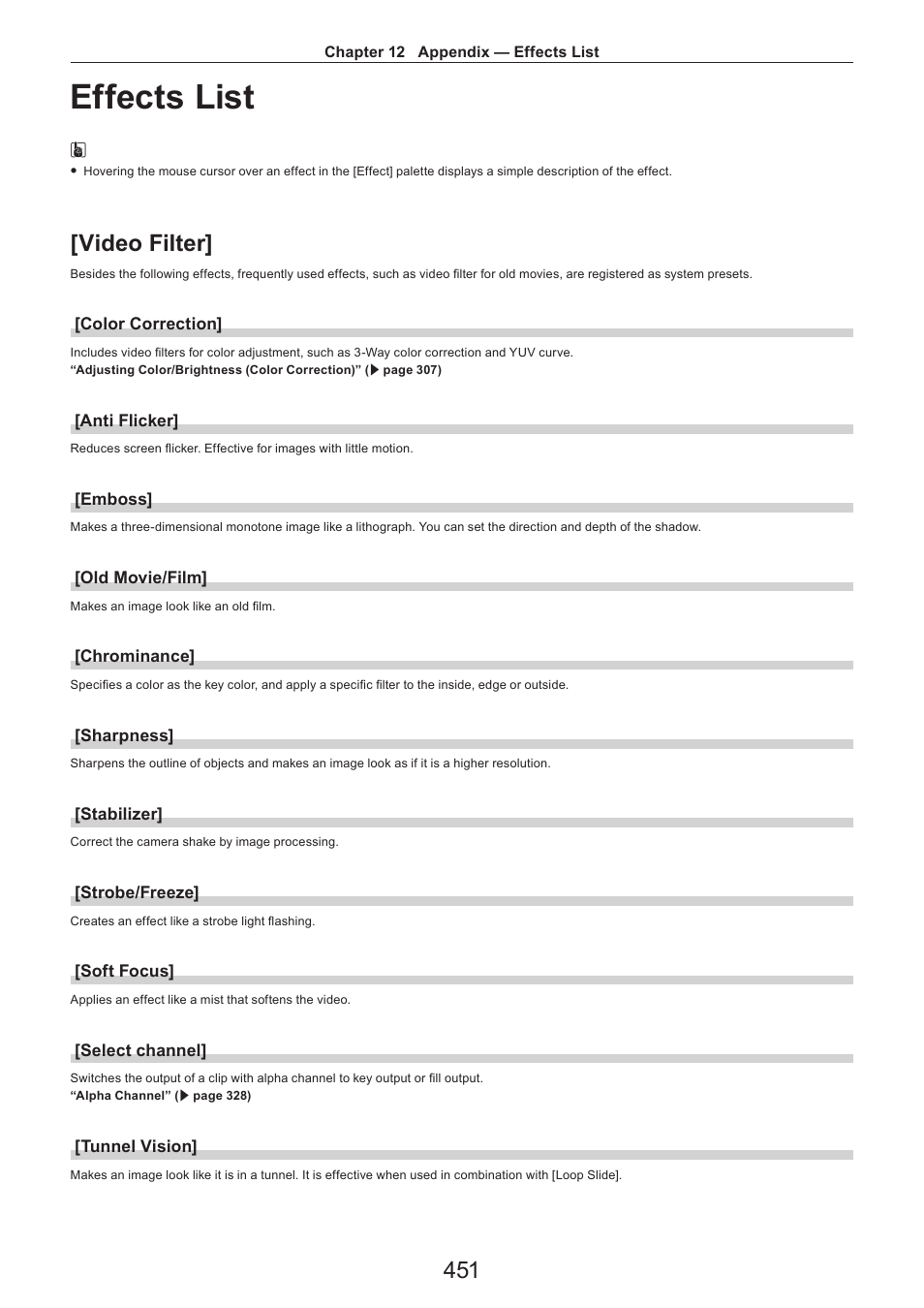 Effects list, Video filter, Color correction | Anti flicker, Emboss, Old movie/film, Chrominance, Sharpness, Stabilizer, Strobe/freeze | Grass Valley EDIUS Pro v.7.4 Reference Manual User Manual | Page 451 / 471