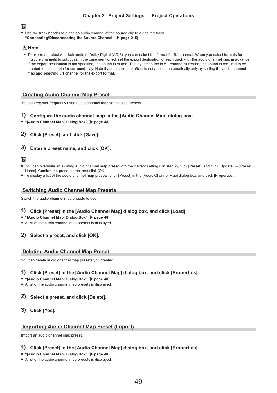 Creating audio channel map preset, Switching audio channel map presets, Deleting audio channel map preset | Importing audio channel map preset (import) | Grass Valley EDIUS Pro v.7.4 Reference Manual User Manual | Page 49 / 471