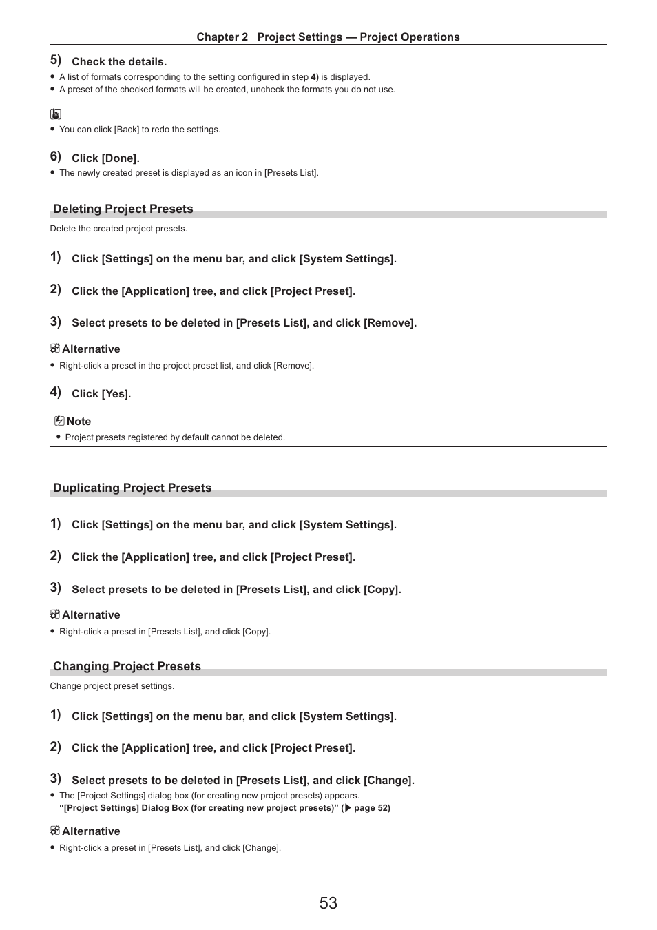 Deleting project presets, Duplicating project presets, Changing project presets | Grass Valley EDIUS Pro v.7.4 Reference Manual User Manual | Page 53 / 471
