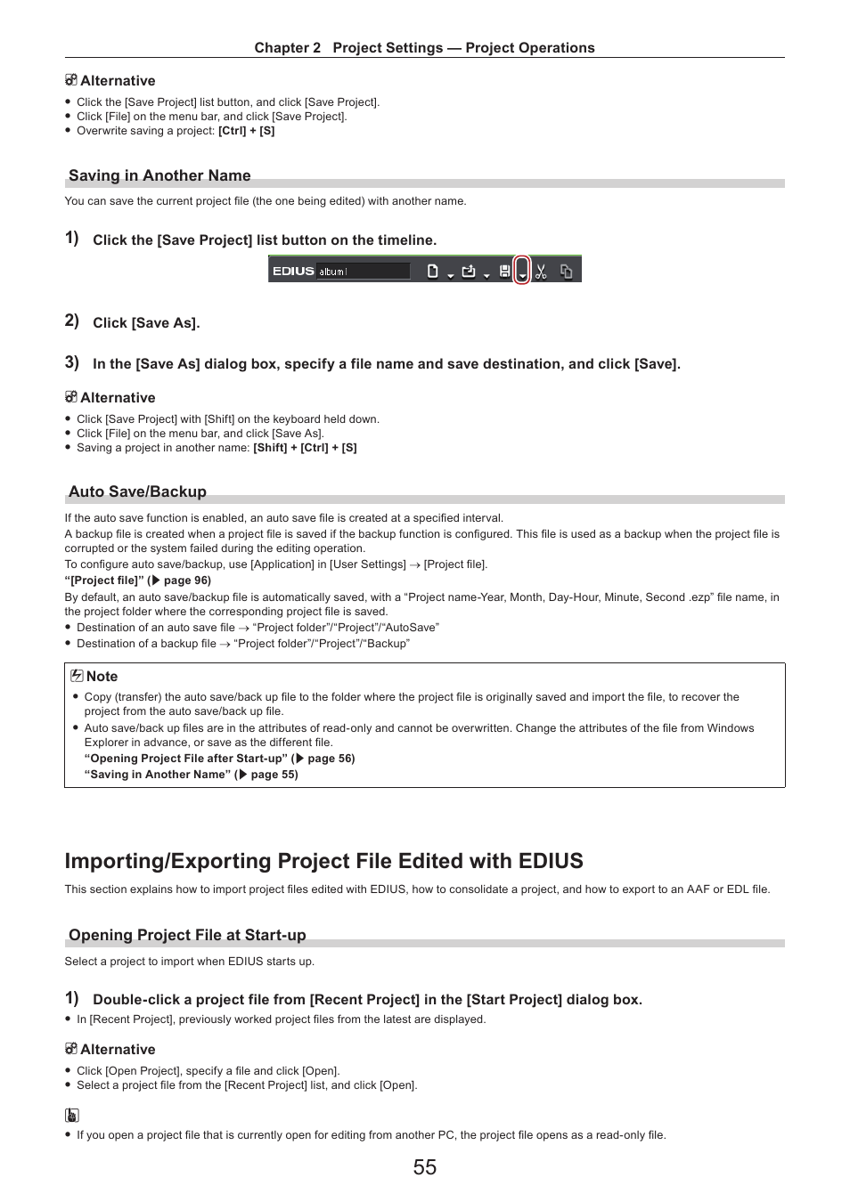 Saving in another name, Auto save/backup, Importing/exporting project file edited with edius | Opening project file at start-up | Grass Valley EDIUS Pro v.7.4 Reference Manual User Manual | Page 55 / 471