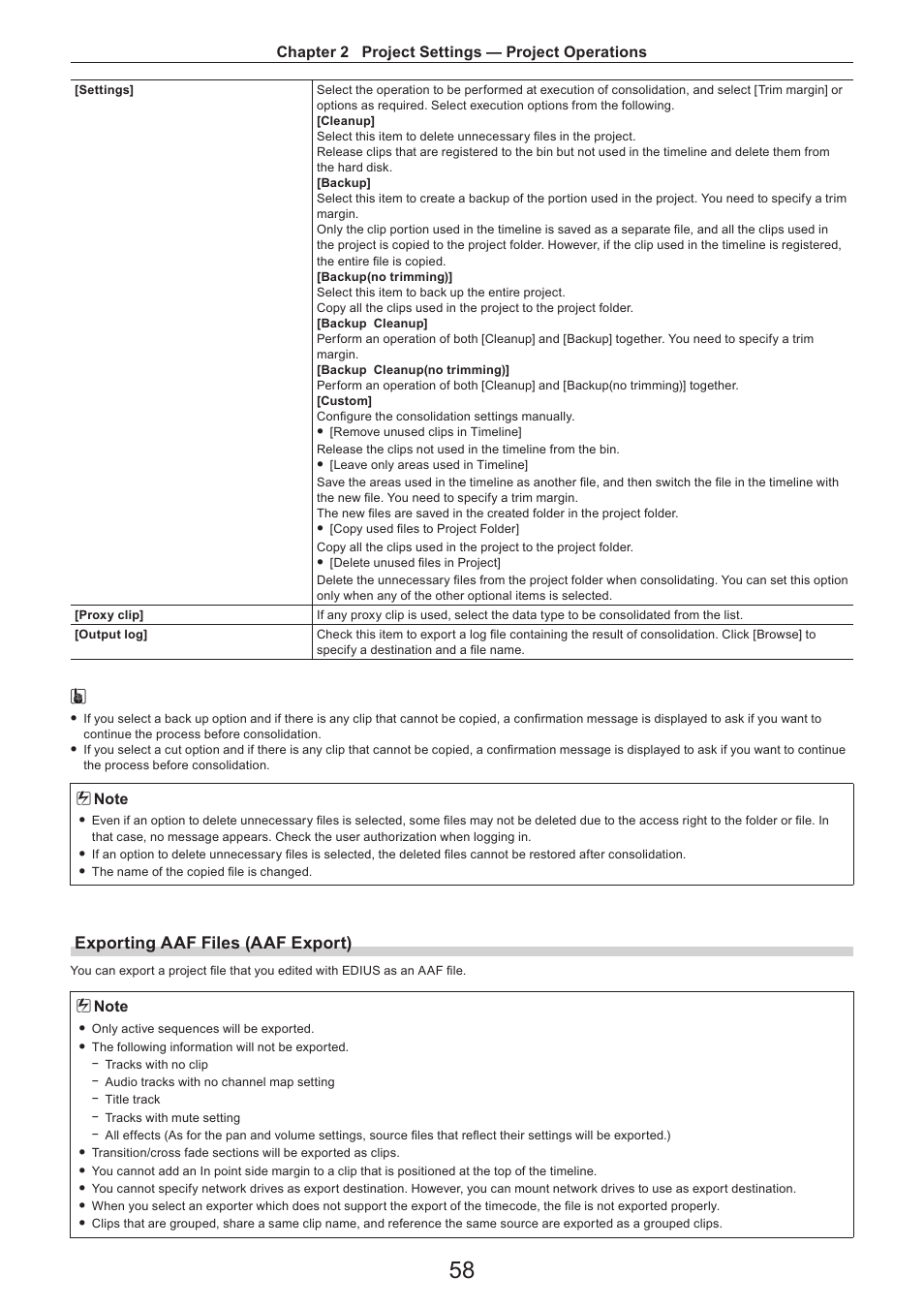 Exporting aaf files (aaf export), Chapter 2 project settings — project operations | Grass Valley EDIUS Pro v.7.4 Reference Manual User Manual | Page 58 / 471