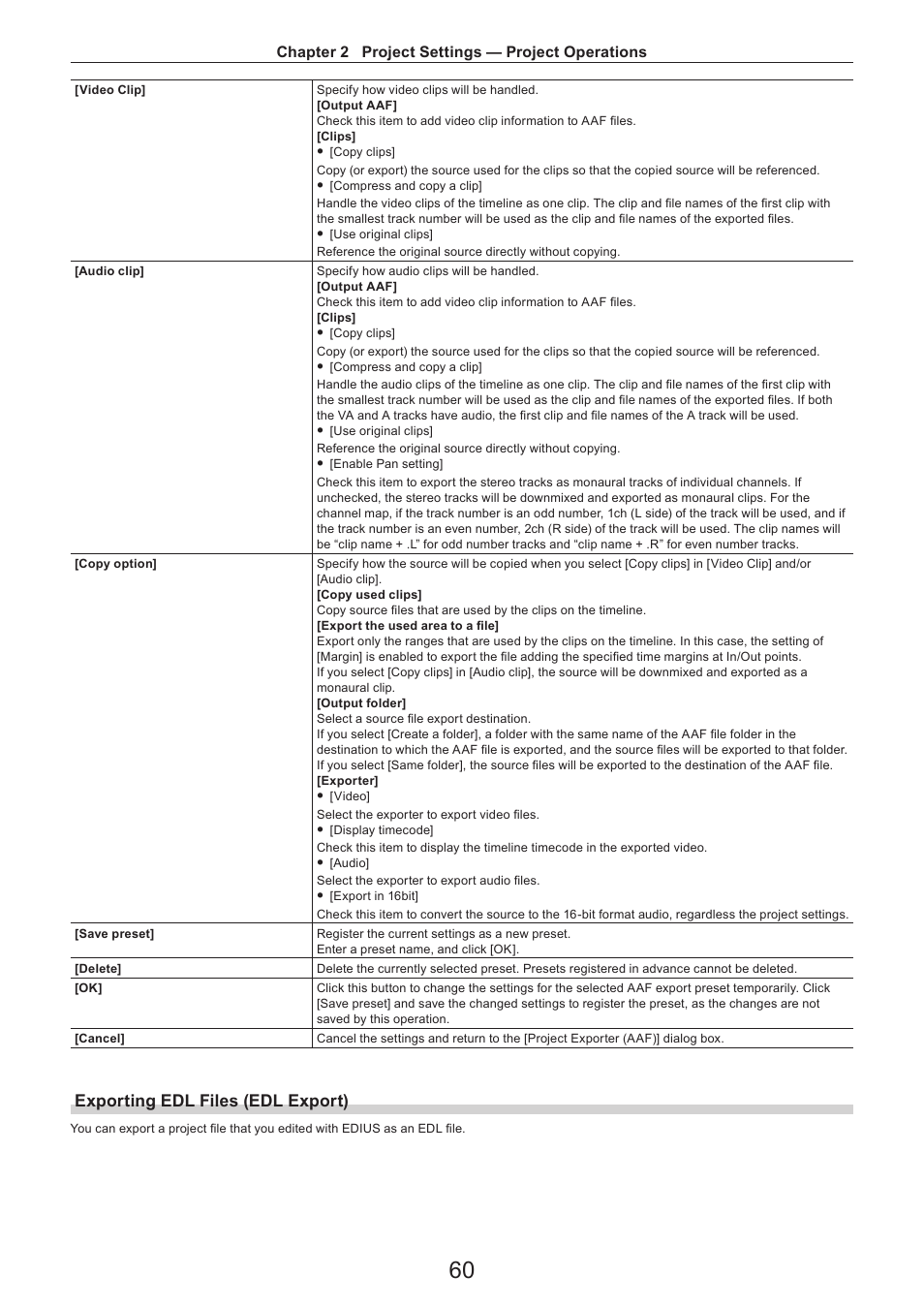 Exporting edl files (edl export), Chapter 2 project settings — project operations | Grass Valley EDIUS Pro v.7.4 Reference Manual User Manual | Page 60 / 471
