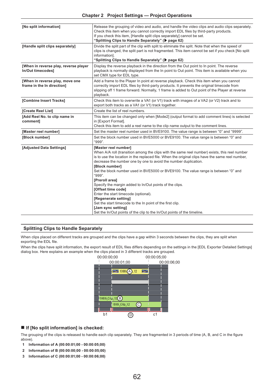 Chapter 2 project settings — project operations, Splitting clips to handle separately, R if [no split information] is checked | Grass Valley EDIUS Pro v.7.4 Reference Manual User Manual | Page 62 / 471