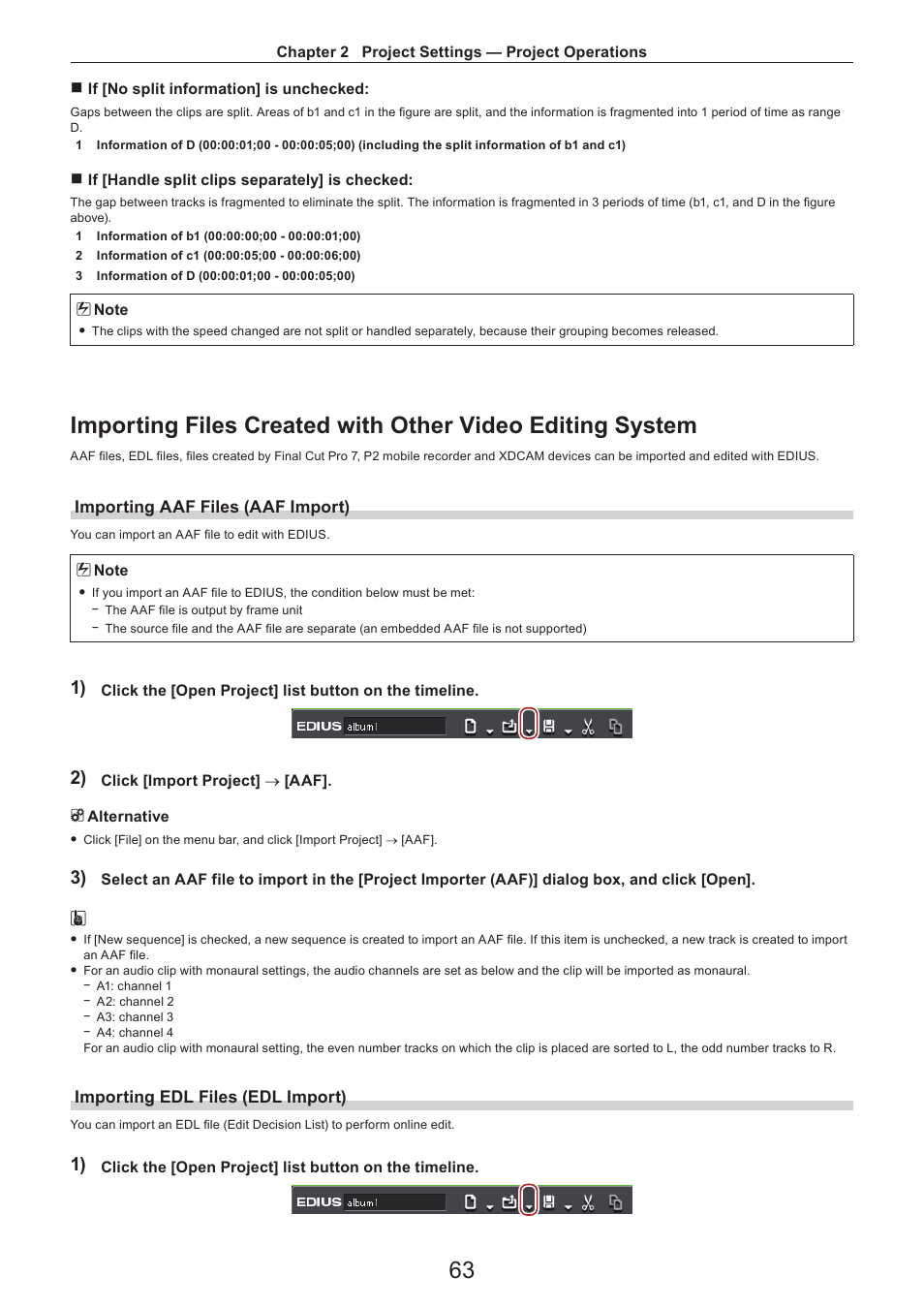 Importing aaf files (aaf import), Importing edl files (edl import) | Grass Valley EDIUS Pro v.7.4 Reference Manual User Manual | Page 63 / 471
