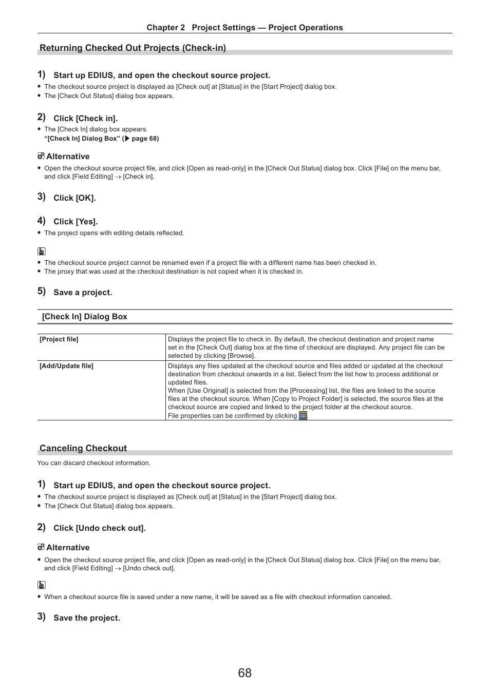 Returning checked out projects (check-in), Canceling checkout | Grass Valley EDIUS Pro v.7.4 Reference Manual User Manual | Page 68 / 471