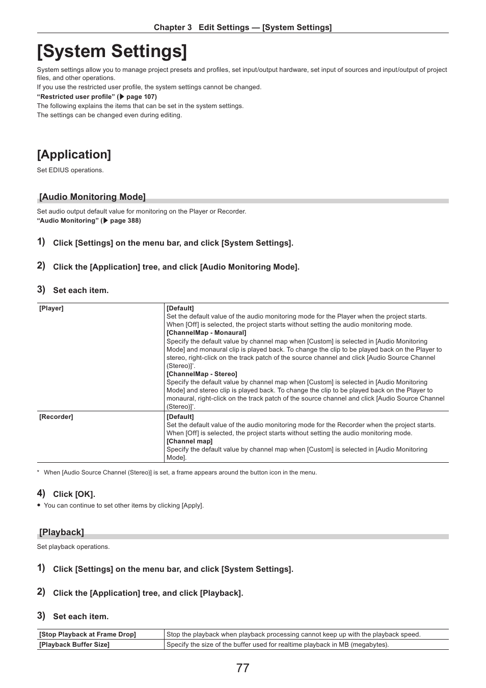 System settings, Application, Audio monitoring mode | Playback | Grass Valley EDIUS Pro v.7.4 Reference Manual User Manual | Page 77 / 471
