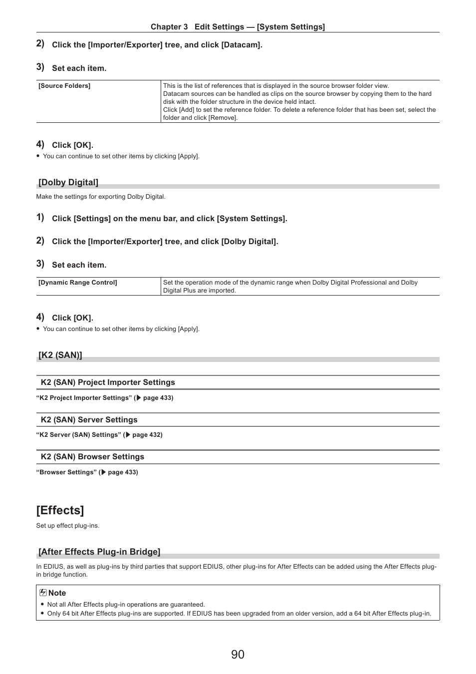 Dolby digital, K2 (san), Effects | After effects plug-in bridge | Grass Valley EDIUS Pro v.7.4 Reference Manual User Manual | Page 90 / 471