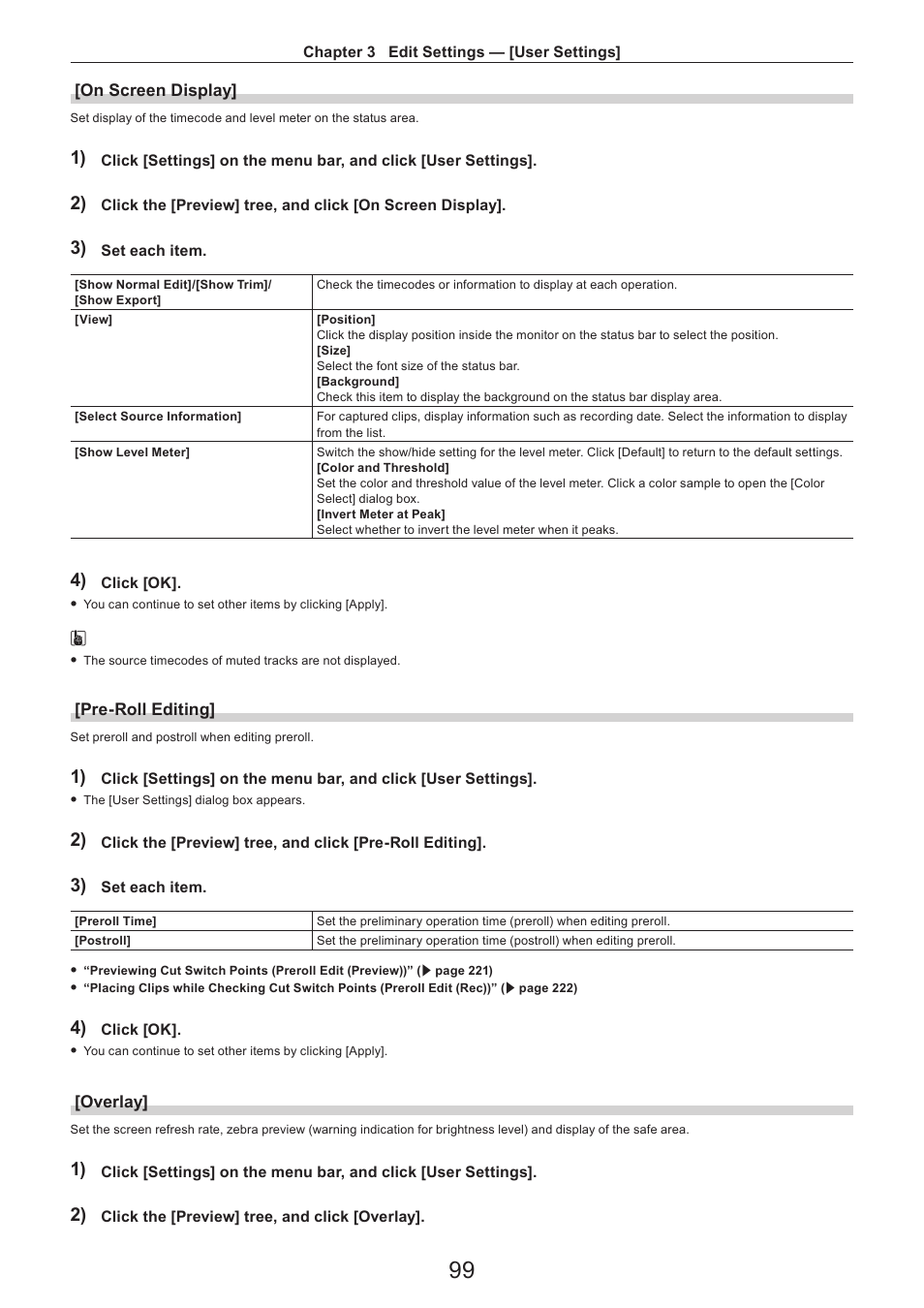 On screen display, Pre-roll editing, Overlay | Grass Valley EDIUS Pro v.7.4 Reference Manual User Manual | Page 99 / 471