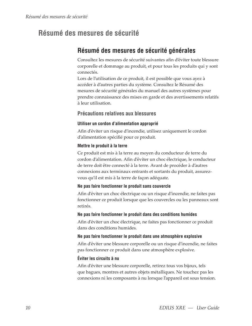 Résumé des mesures de sécurité, Résumé des mesures de sécurité générales | Grass Valley EDIUS XRE v.7.31 User Manual | Page 10 / 50