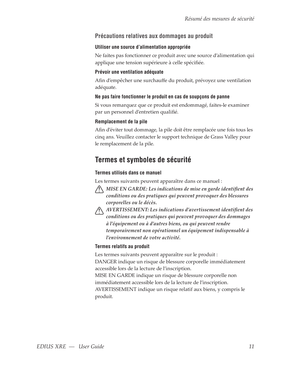 Termes et symboles de sécurité | Grass Valley EDIUS XRE v.7.31 User Manual | Page 11 / 50
