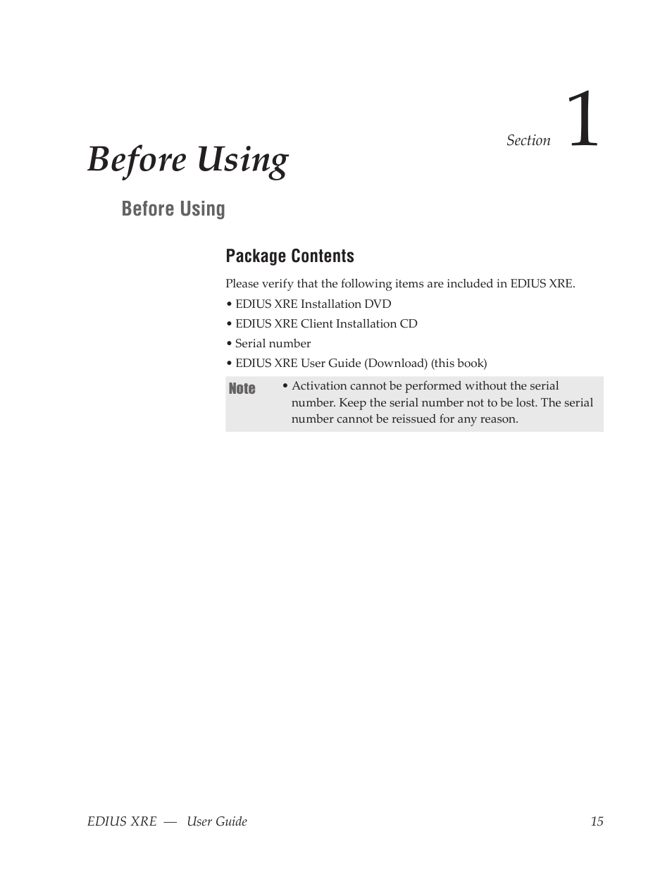 Before using, Package contents | Grass Valley EDIUS XRE v.7.31 User Manual | Page 15 / 50