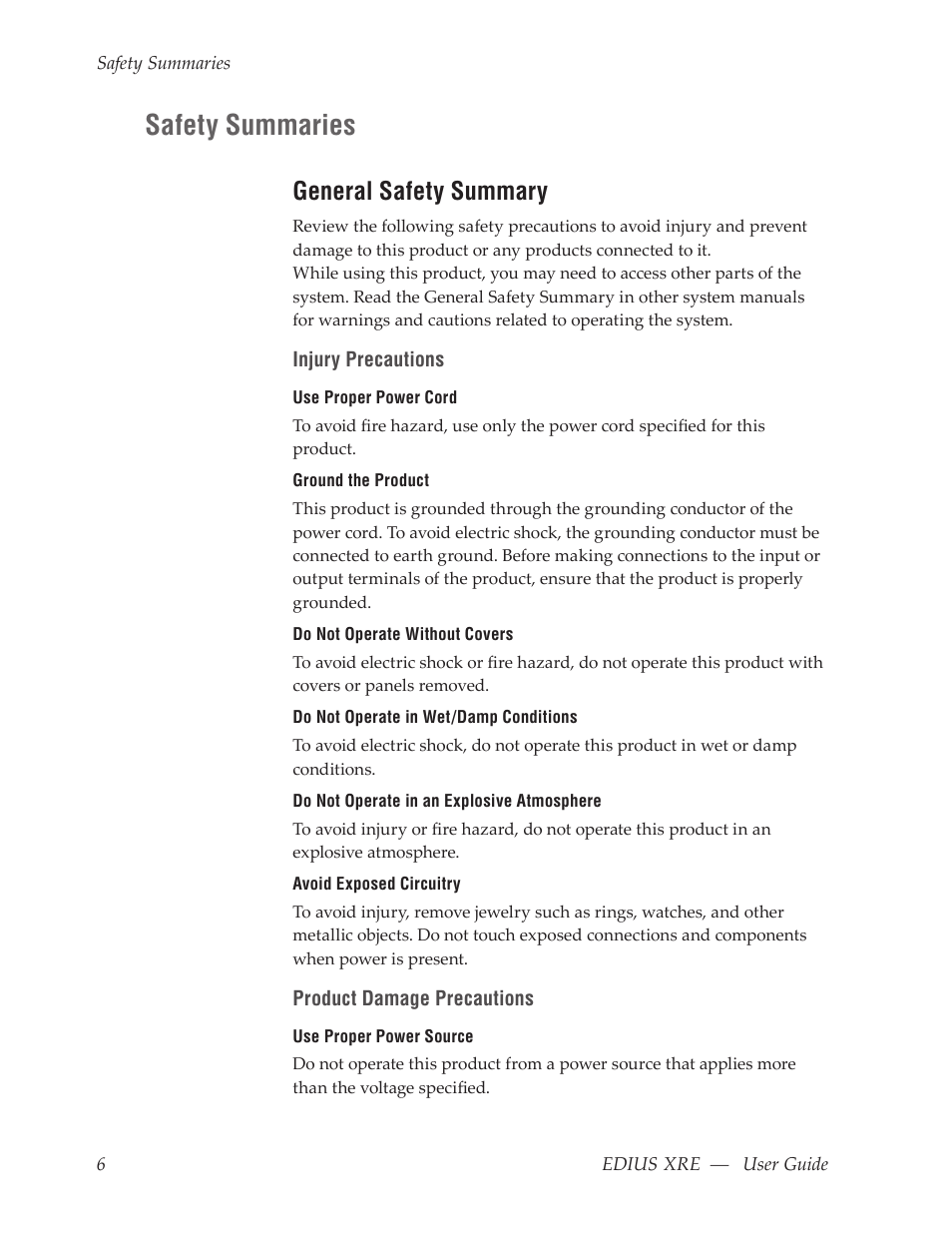 Safety summaries, General safety summary | Grass Valley EDIUS XRE v.7.31 User Manual | Page 6 / 50