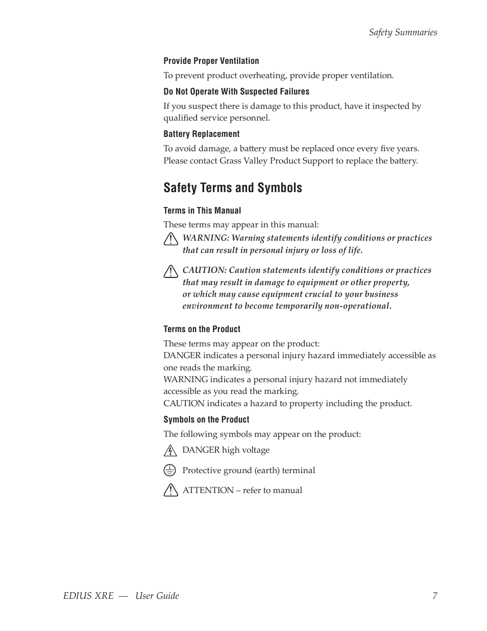 Safety terms and symbols | Grass Valley EDIUS XRE v.7.31 User Manual | Page 7 / 50