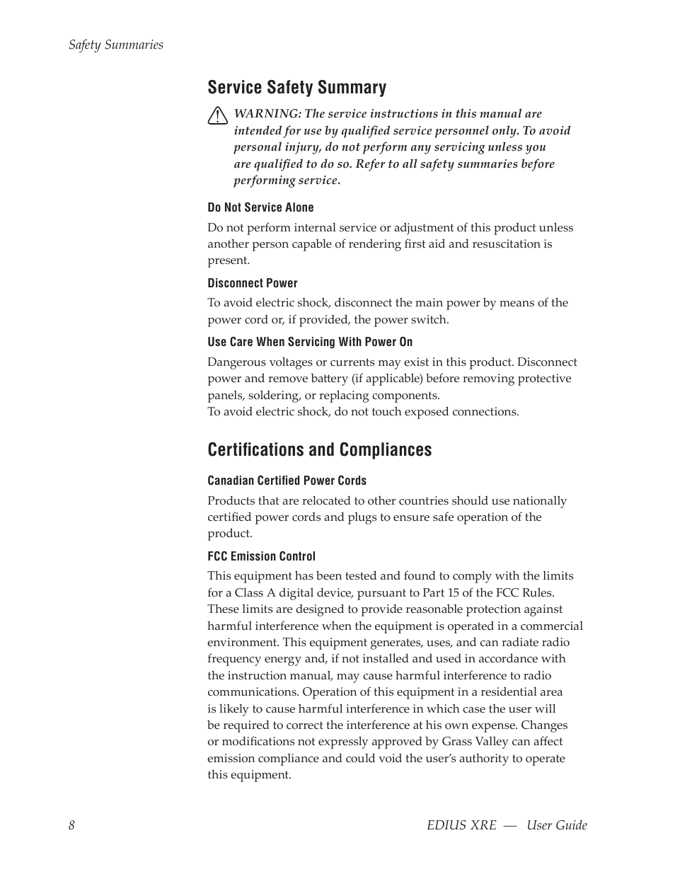 Service safety summary, Certifications and compliances | Grass Valley EDIUS XRE v.7.31 User Manual | Page 8 / 50