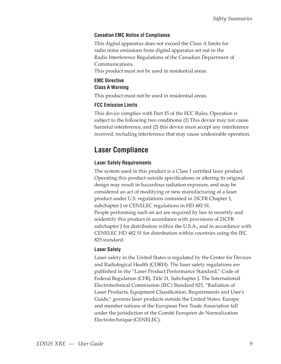 Laser compliance | Grass Valley EDIUS XRE v.7.31 User Manual | Page 9 / 50