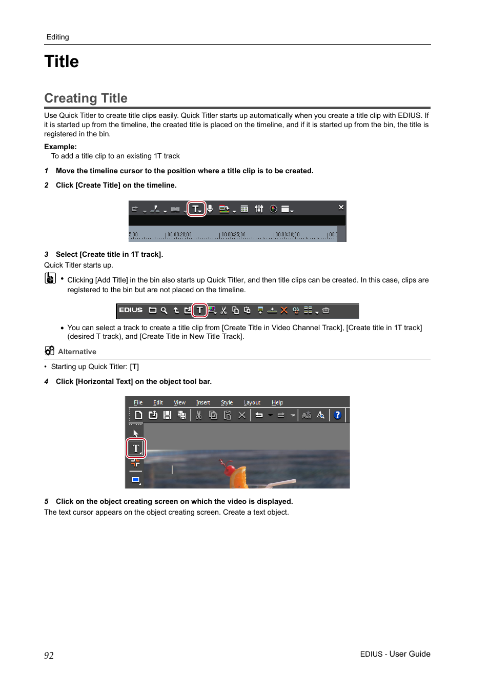 Title, Creating title | Grass Valley EDIUS Pro v.7.0 User Manual | Page 100 / 133