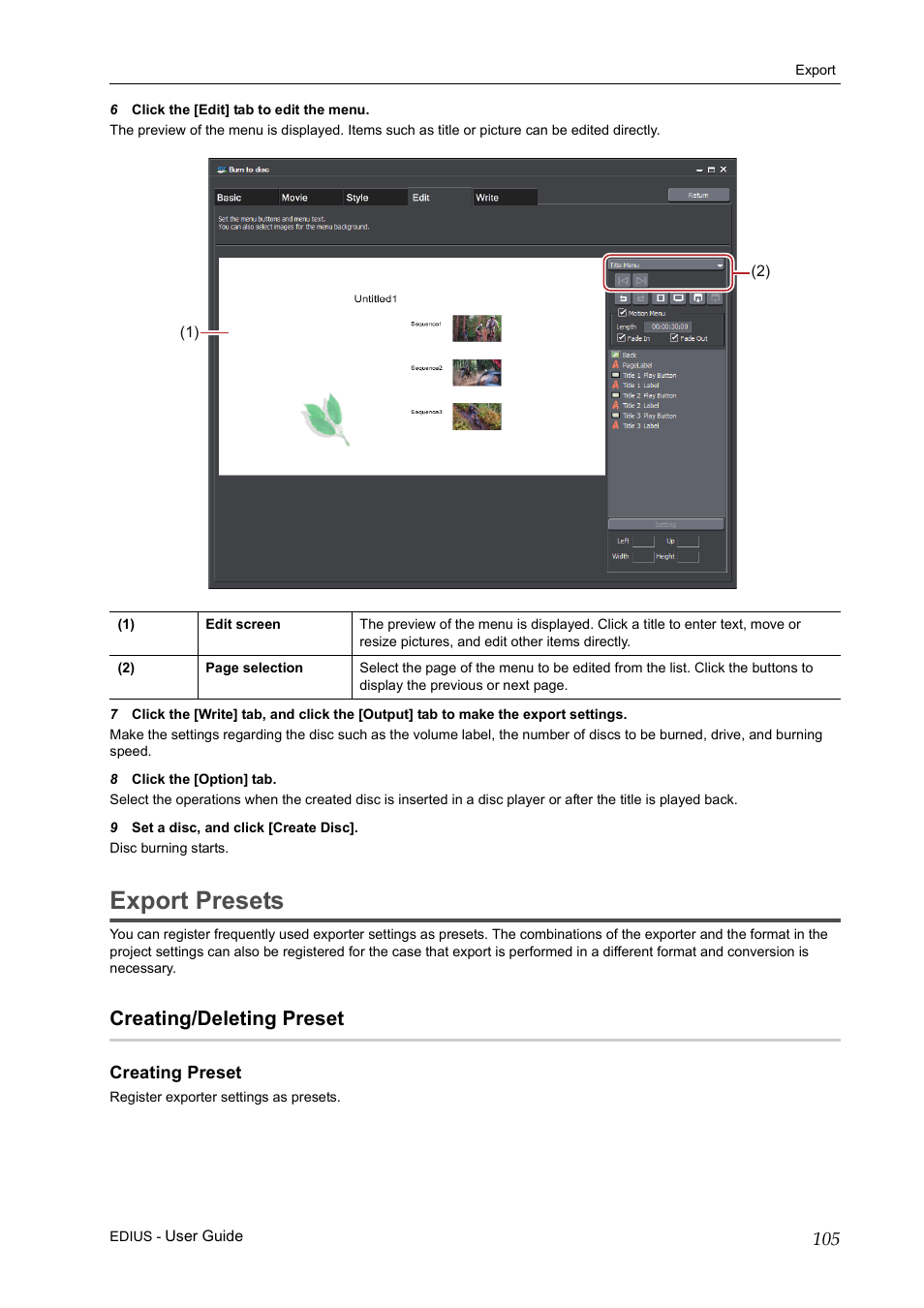 Export presets, Creating/deleting preset, Creating preset | Grass Valley EDIUS Pro v.7.0 User Manual | Page 113 / 133