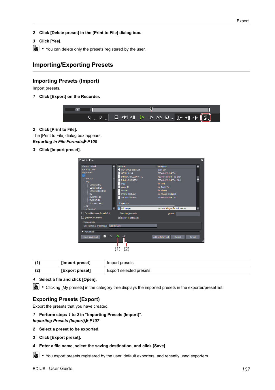 Importing/exporting presets, Importing presets (import), Exporting presets (export) | Grass Valley EDIUS Pro v.7.0 User Manual | Page 115 / 133