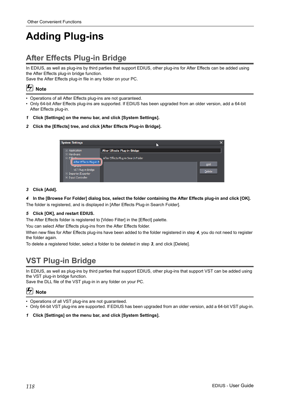 Adding plug-ins, After effects plug-in bridge, Vst plug-in bridge | After effects plug-in bridge vst plug-in bridge | Grass Valley EDIUS Pro v.7.0 User Manual | Page 126 / 133