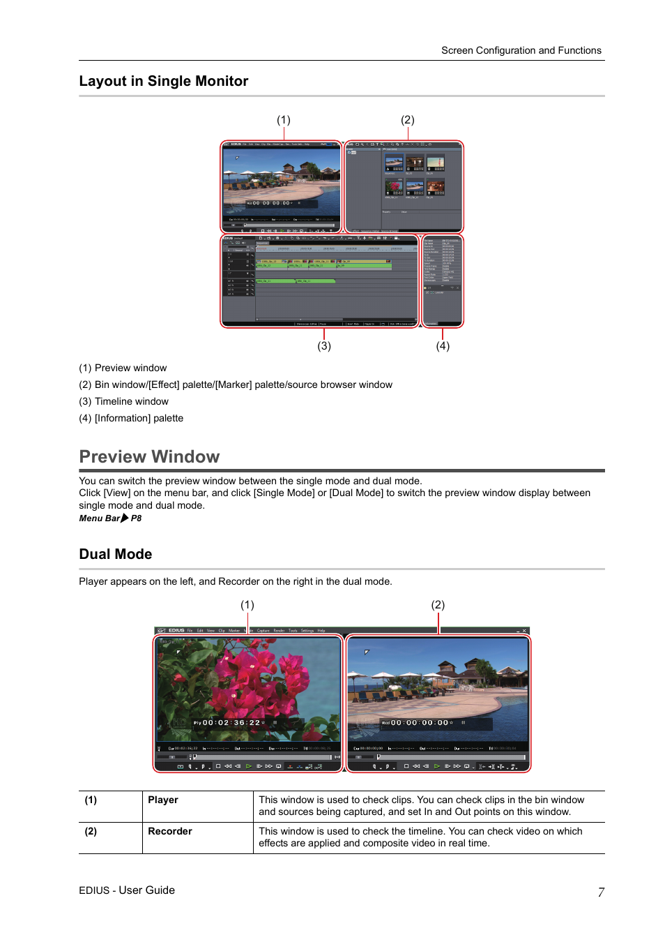 Layout in single monitor, Preview window, Dual mode | Grass Valley EDIUS Pro v.7.0 User Manual | Page 15 / 133