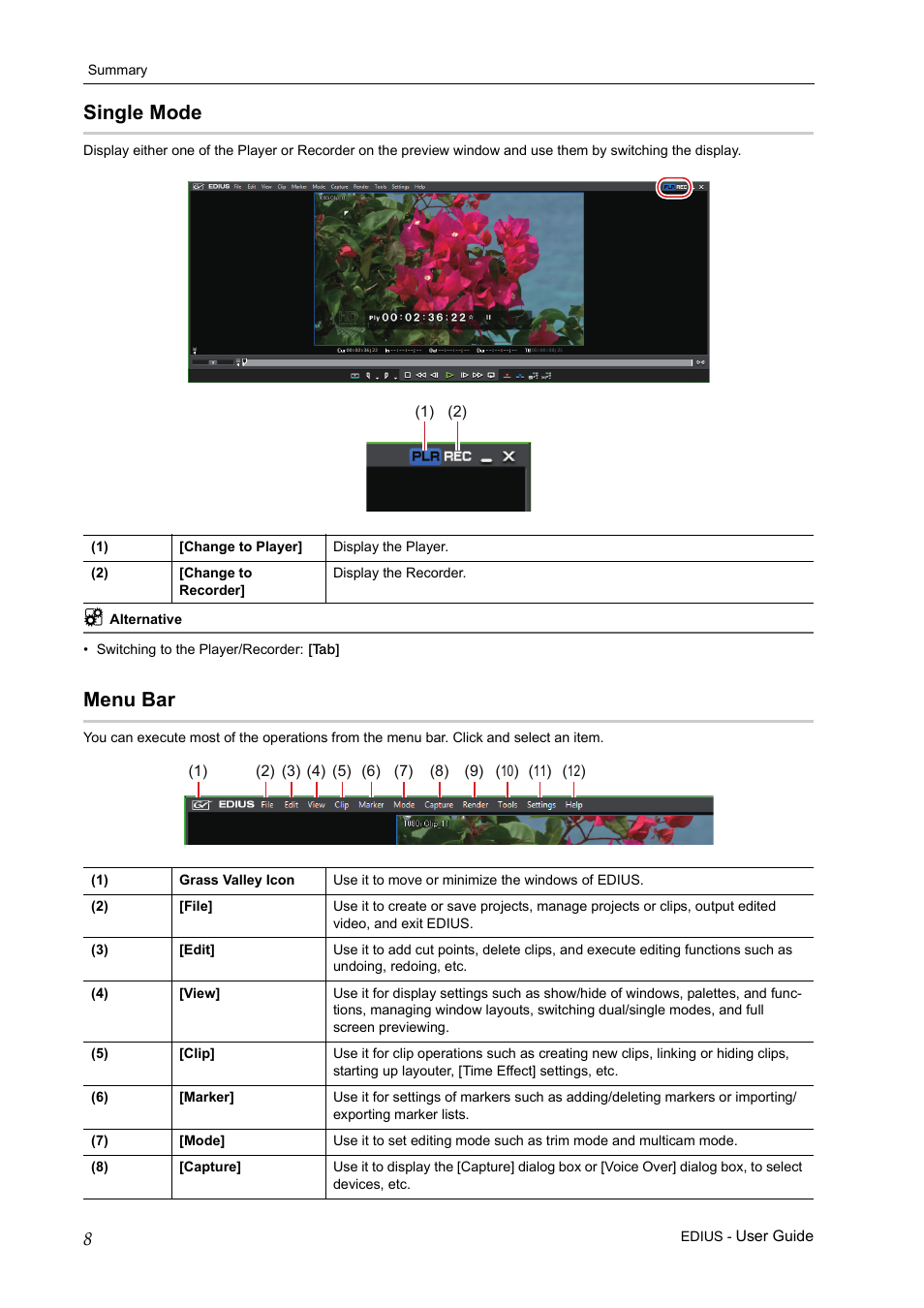Single mode, Menu bar, Single mode menu bar | Grass Valley EDIUS Pro v.7.0 User Manual | Page 16 / 133