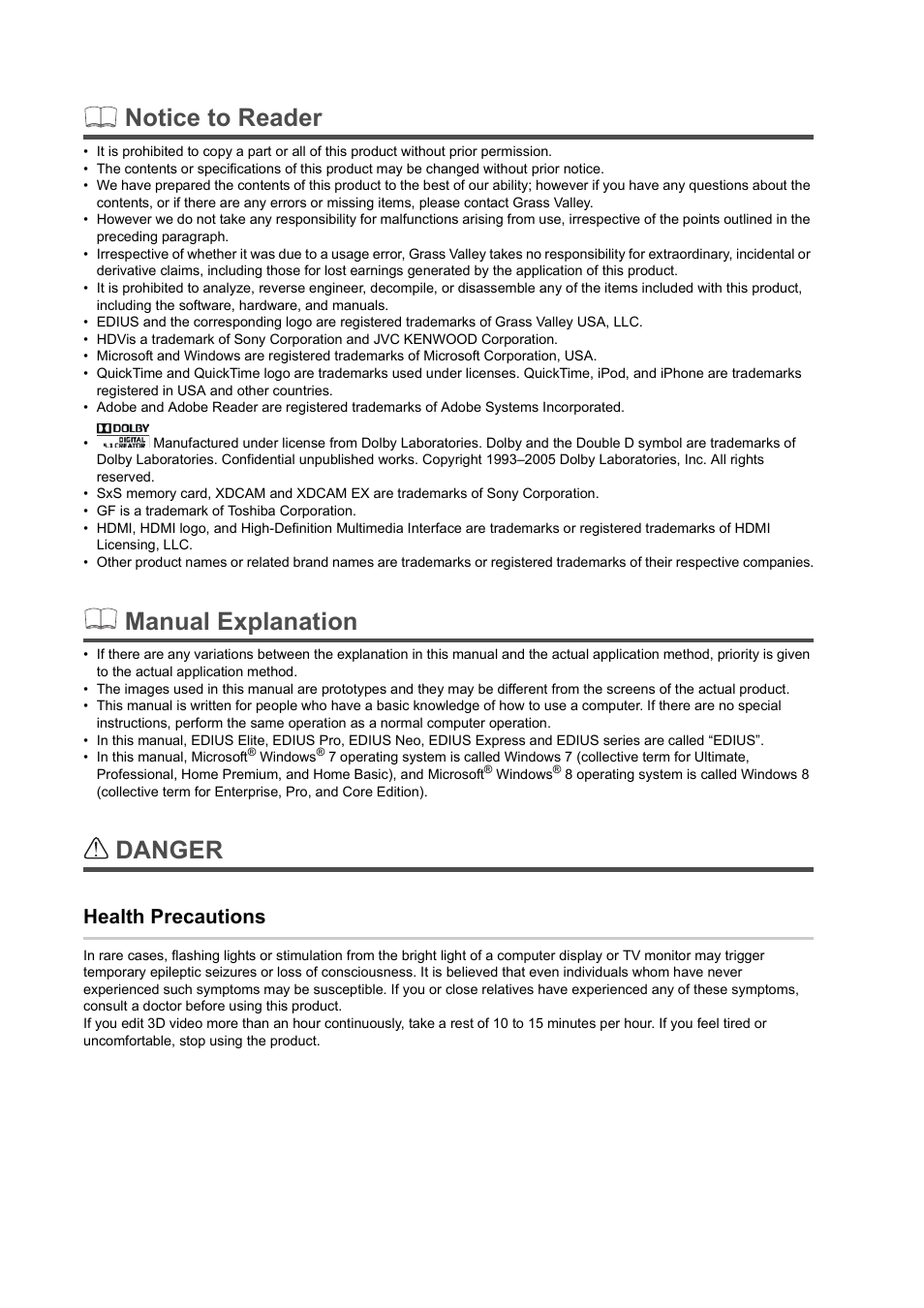 Notice to reader, Manual explanation, Danger | Health precautions | Grass Valley EDIUS Pro v.7.0 User Manual | Page 2 / 133