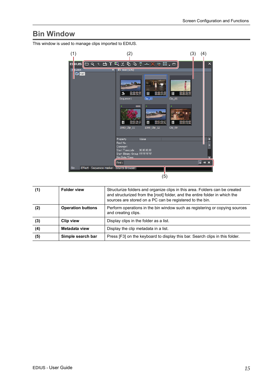 Bin window | Grass Valley EDIUS Pro v.7.0 User Manual | Page 23 / 133