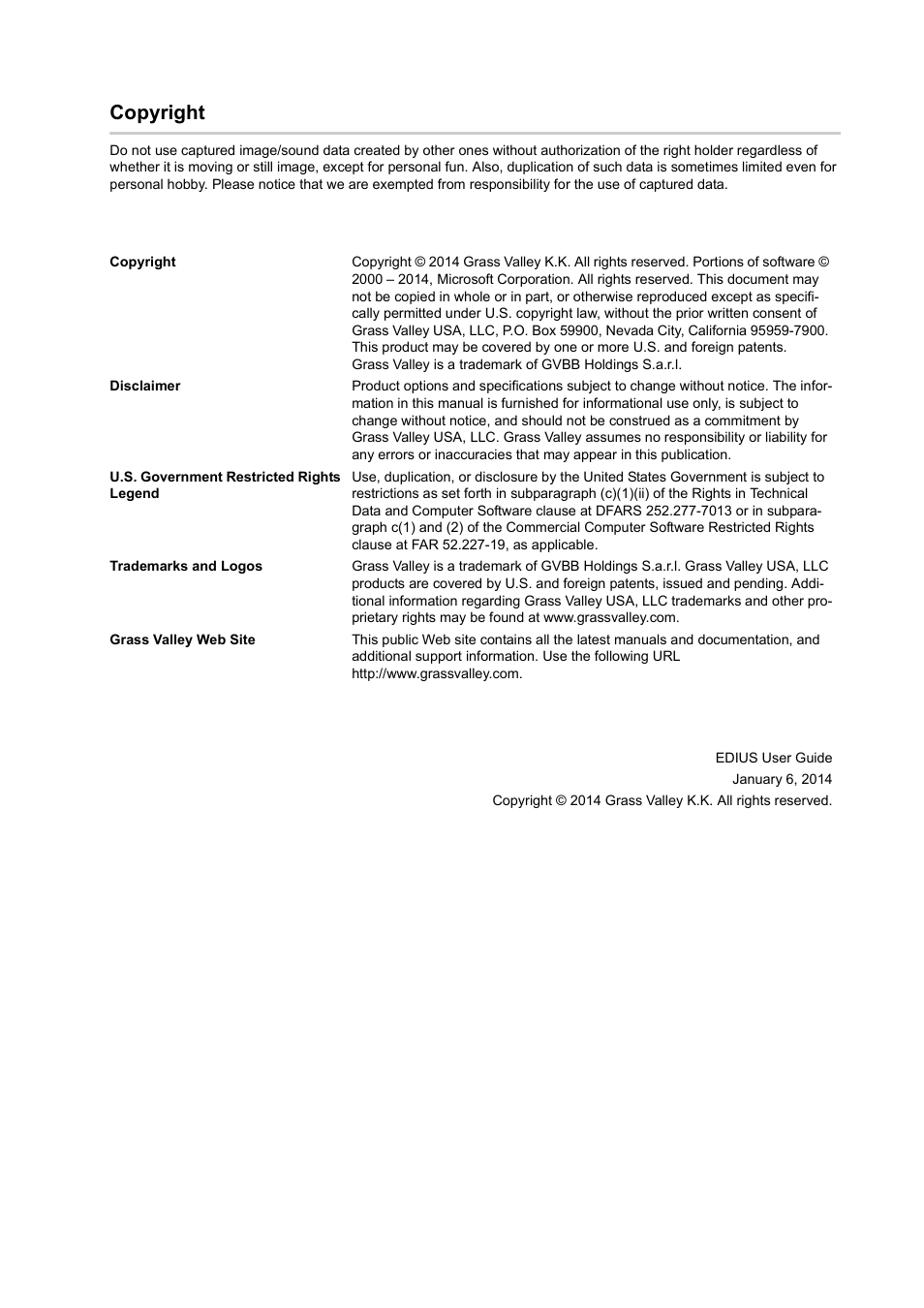 Copyright | Grass Valley EDIUS Pro v.7.0 User Manual | Page 3 / 133
