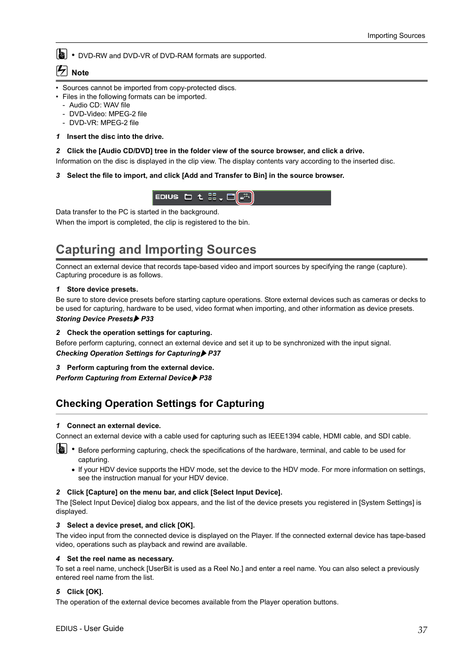 Capturing and importing sources, Checking operation settings for capturing | Grass Valley EDIUS Pro v.7.0 User Manual | Page 45 / 133