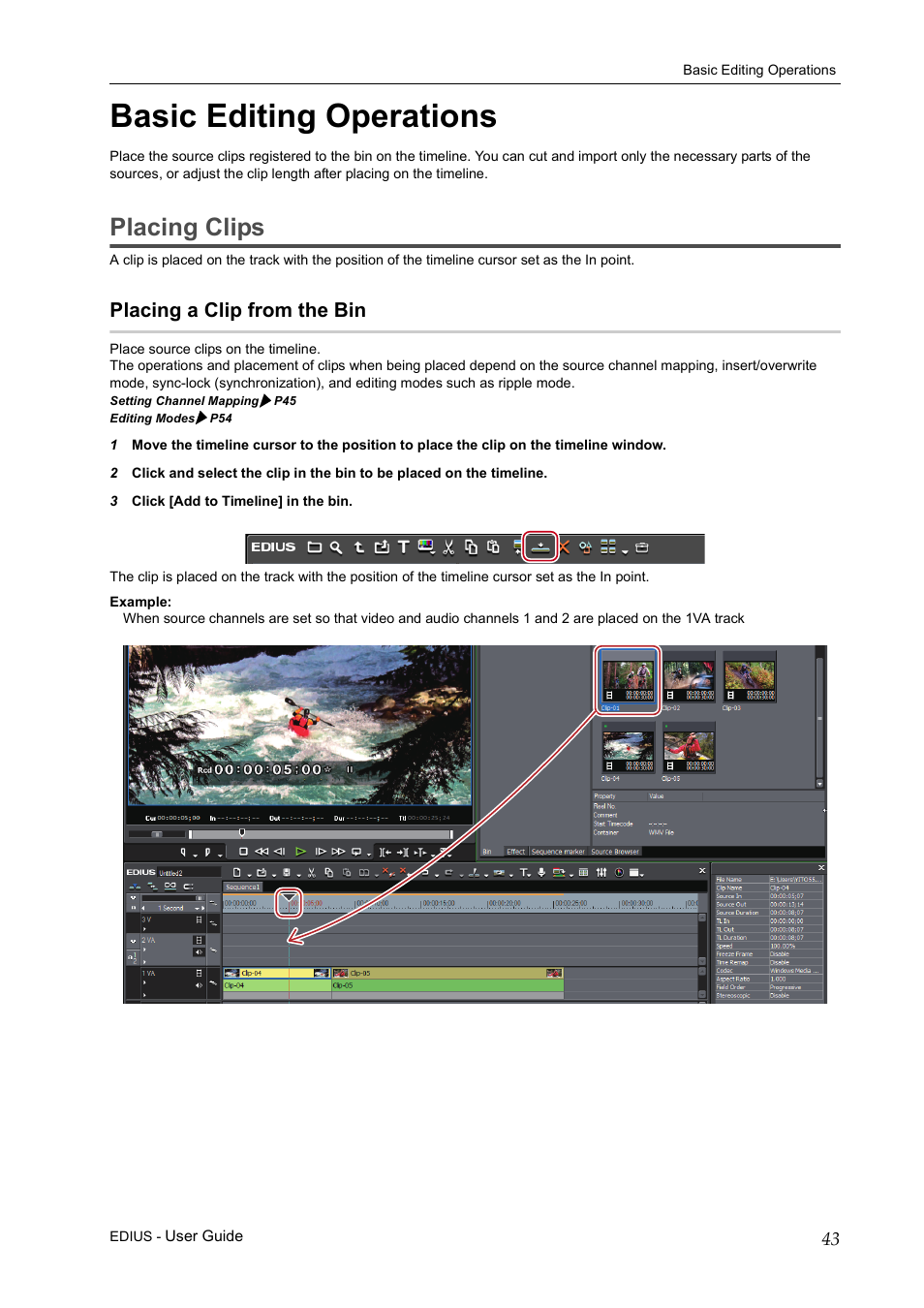 Basic editing operations, Placing clips, Placing a clip from the bin | Grass Valley EDIUS Pro v.7.0 User Manual | Page 51 / 133