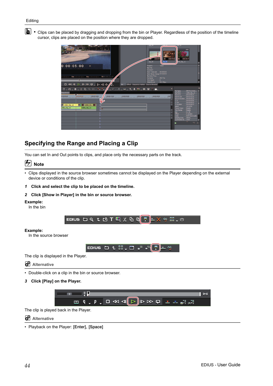 Specifying the range and placing a clip | Grass Valley EDIUS Pro v.7.0 User Manual | Page 52 / 133