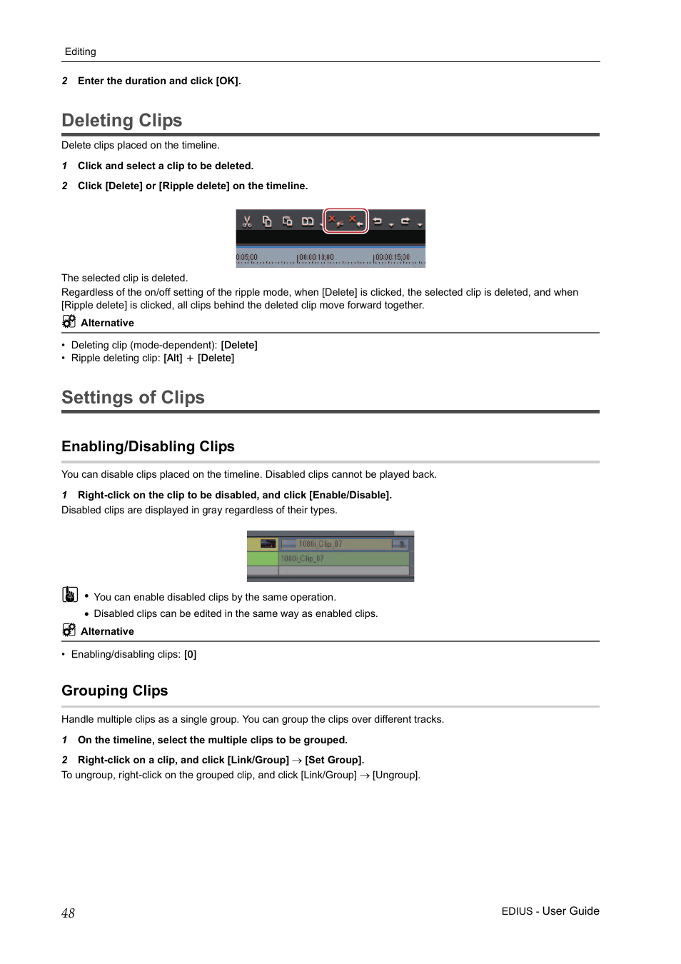 Deleting clips, Settings of clips, Enabling/disabling clips | Grouping clips, Deleting clips settings of clips, Enabling/disabling clips grouping clips | Grass Valley EDIUS Pro v.7.0 User Manual | Page 56 / 133