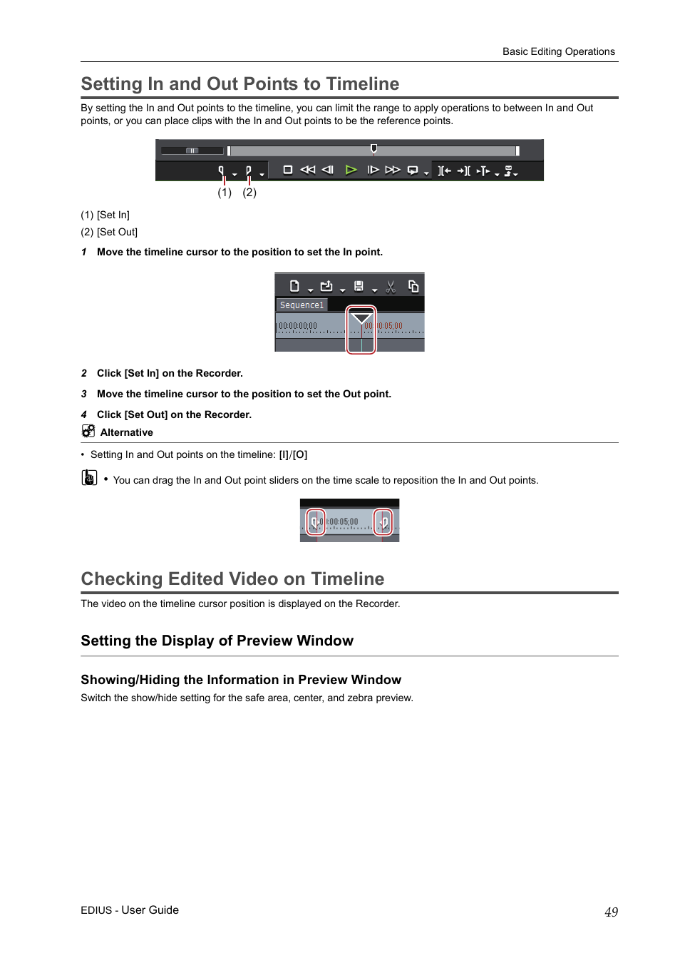 Setting in and out points to timeline, Checking edited video on timeline, Setting the display of preview window | Showing/hiding the information in preview window | Grass Valley EDIUS Pro v.7.0 User Manual | Page 57 / 133