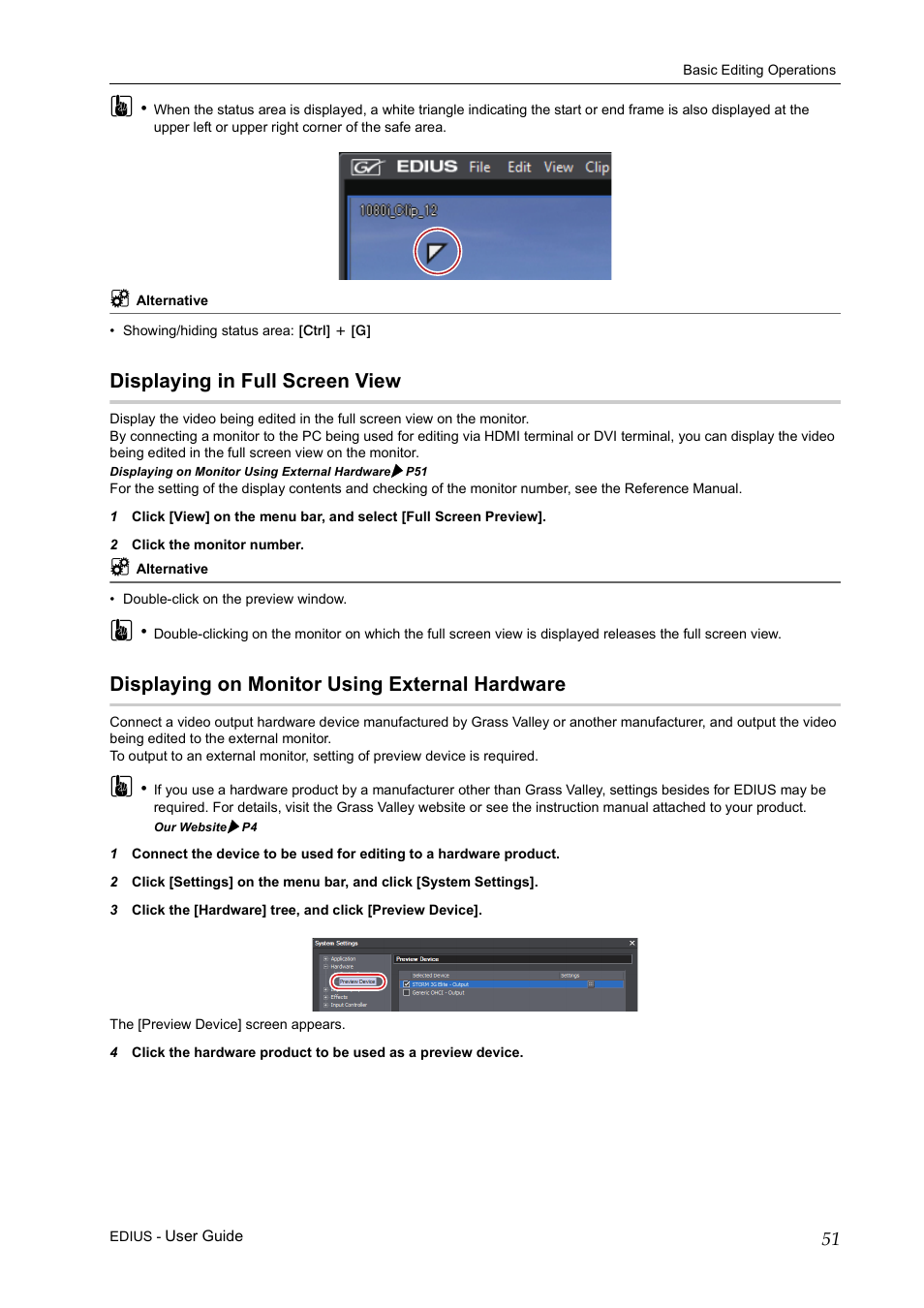 Displaying in full screen view, Displaying on monitor using external hardware | Grass Valley EDIUS Pro v.7.0 User Manual | Page 59 / 133