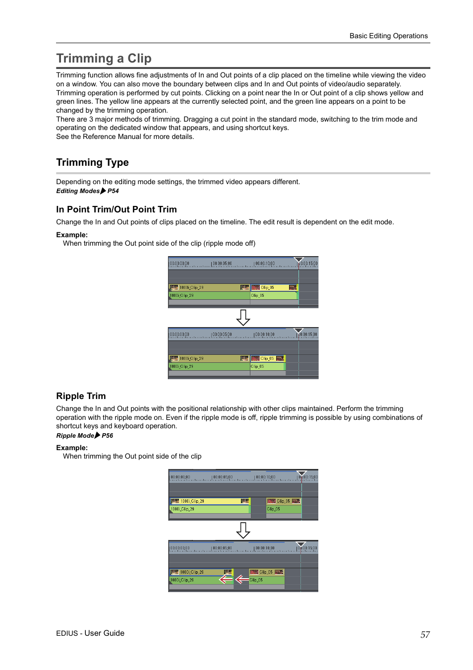 Trimming a clip, Trimming type, In point trim/out point trim | Ripple trim | Grass Valley EDIUS Pro v.7.0 User Manual | Page 65 / 133