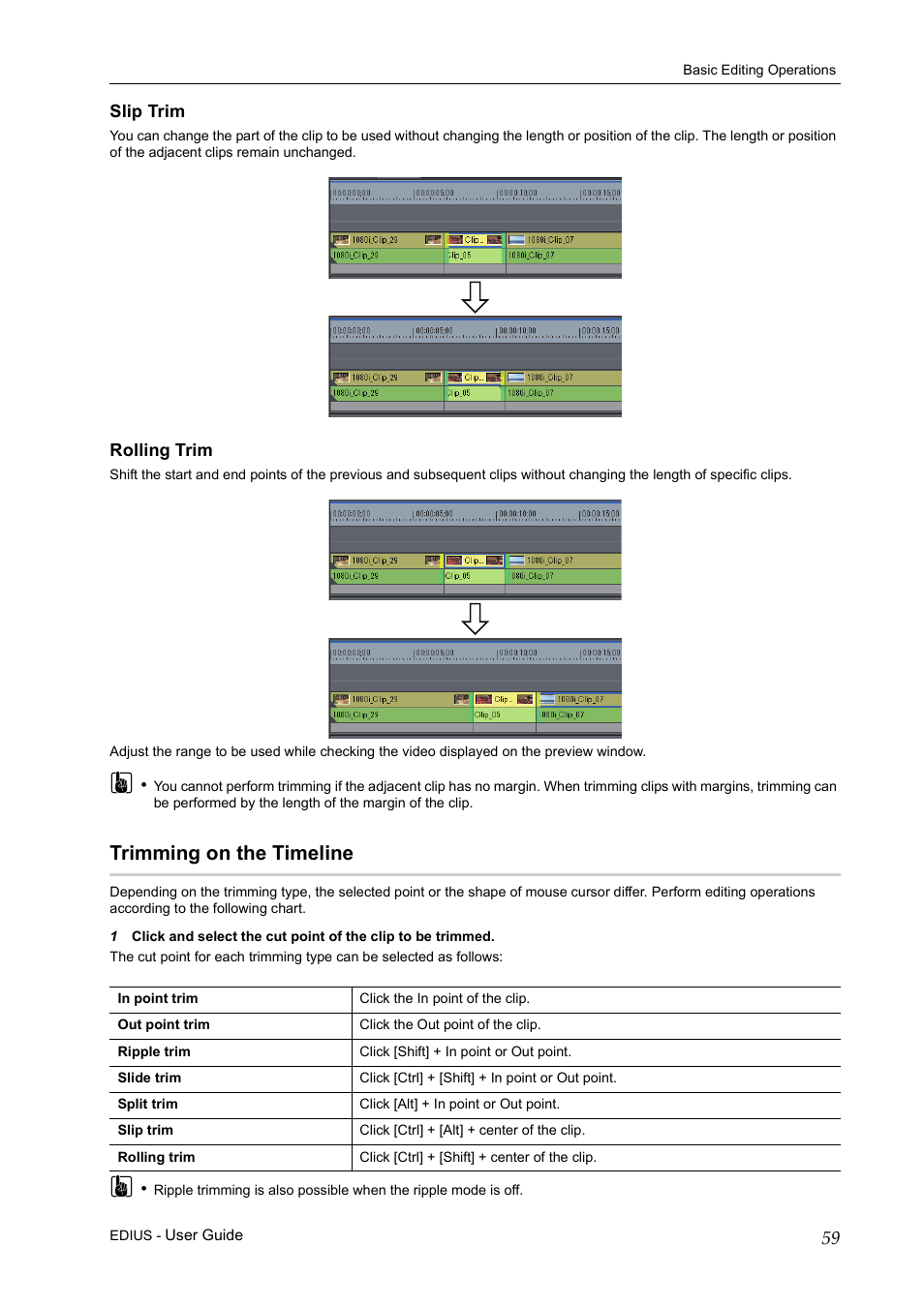 Slip trim, Rolling trim, Trimming on the timeline | Grass Valley EDIUS Pro v.7.0 User Manual | Page 67 / 133