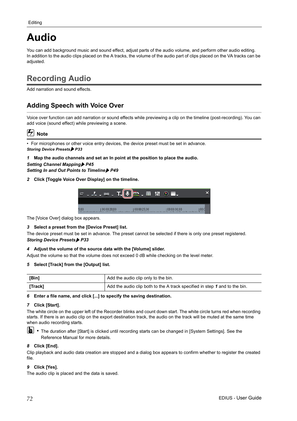 Audio, Recording audio, Adding speech with voice over | Grass Valley EDIUS Pro v.7.0 User Manual | Page 80 / 133