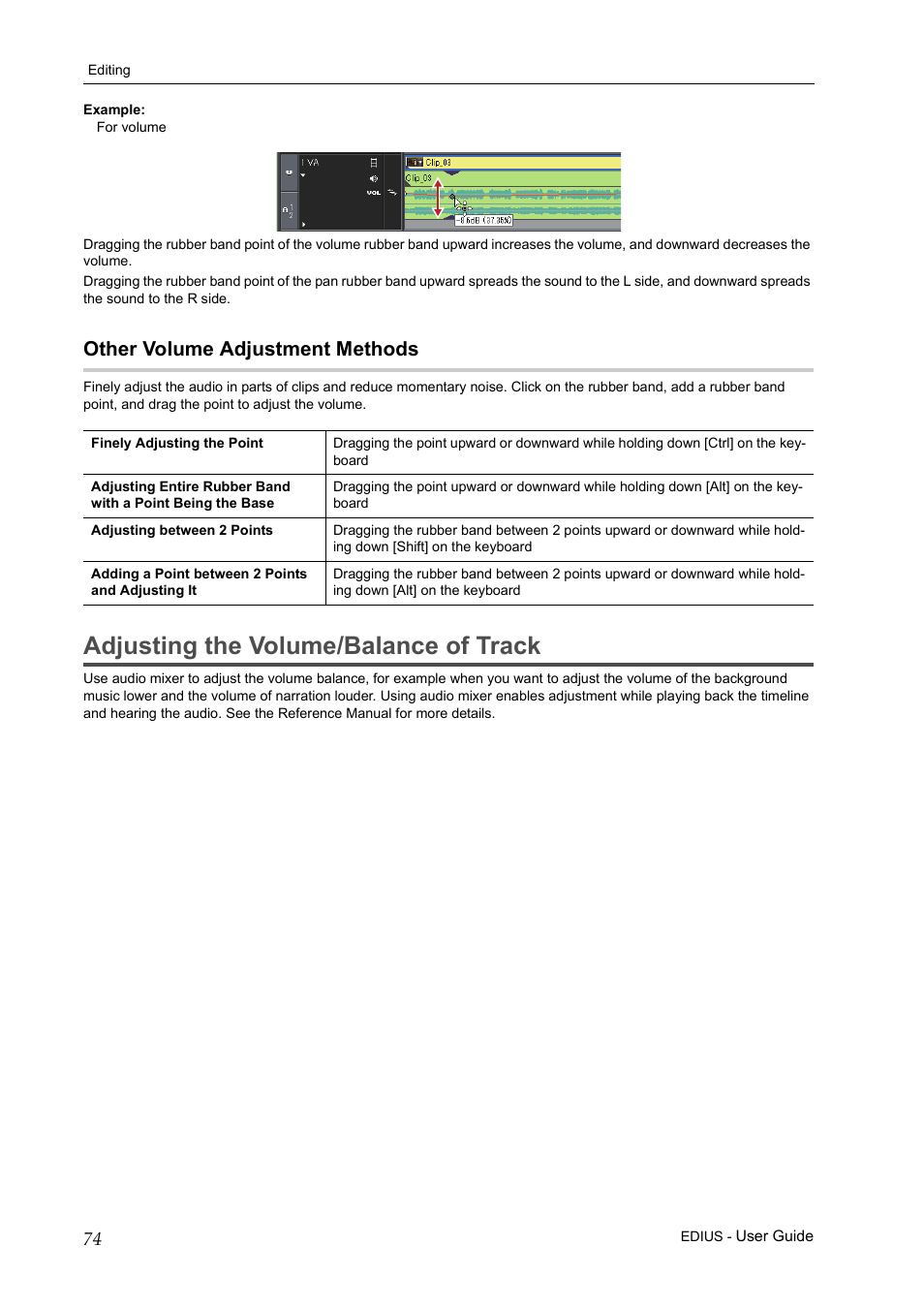Other volume adjustment methods, Adjusting the volume/balance of track | Grass Valley EDIUS Pro v.7.0 User Manual | Page 82 / 133
