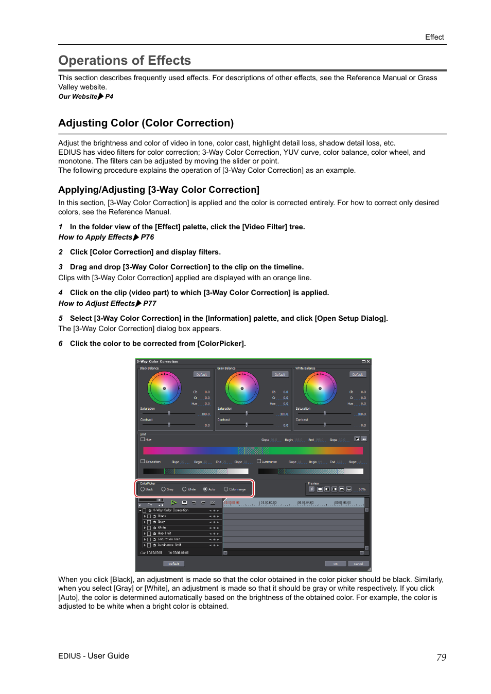 Operations of effects, Adjusting color (color correction), Applying/adjusting [3-way color correction | Grass Valley EDIUS Pro v.7.0 User Manual | Page 87 / 133