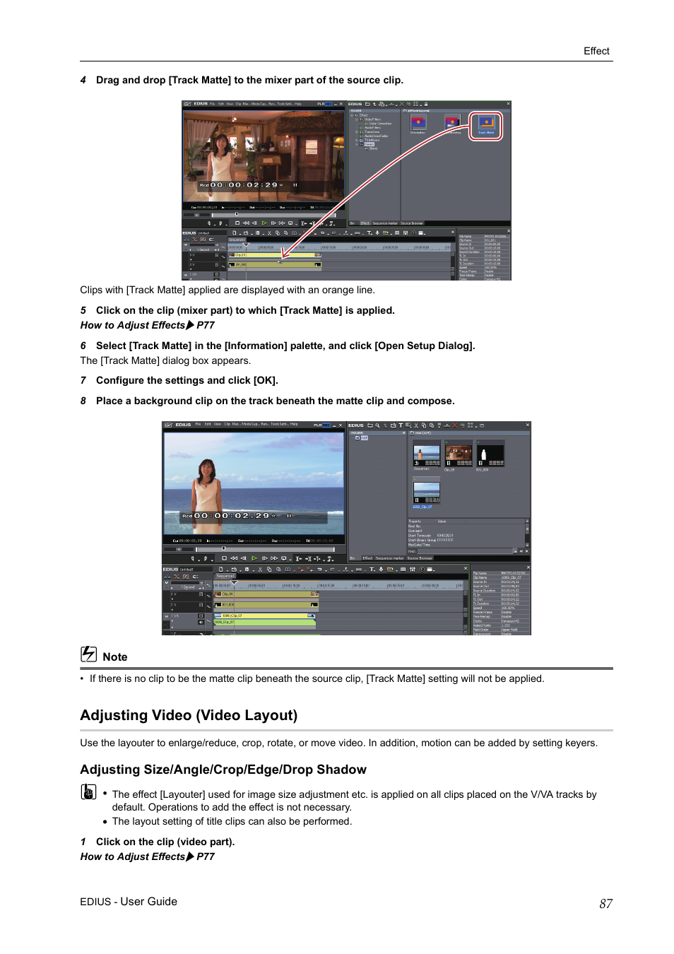 Adjusting video (video layout), Adjusting size/angle/crop/edge/drop shadow | Grass Valley EDIUS Pro v.7.0 User Manual | Page 95 / 133