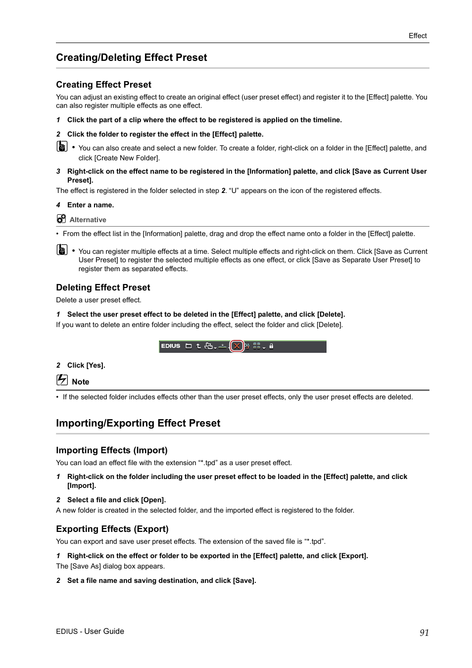 Creating/deleting effect preset, Creating effect preset, Deleting effect preset | Importing/exporting effect preset, Importing effects (import), Exporting effects (export) | Grass Valley EDIUS Pro v.7.0 User Manual | Page 99 / 133