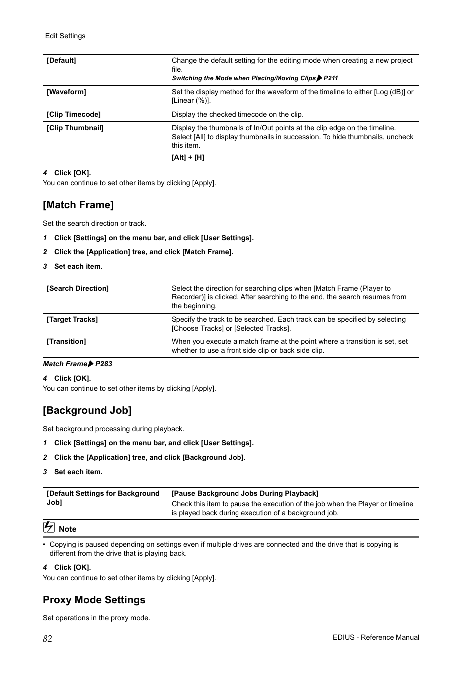 Match frame, Background job, Proxy mode settings | Match frame] [background job] proxy mode settings | Grass Valley EDIUS Pro v.7.20 User Manual | Page 104 / 520