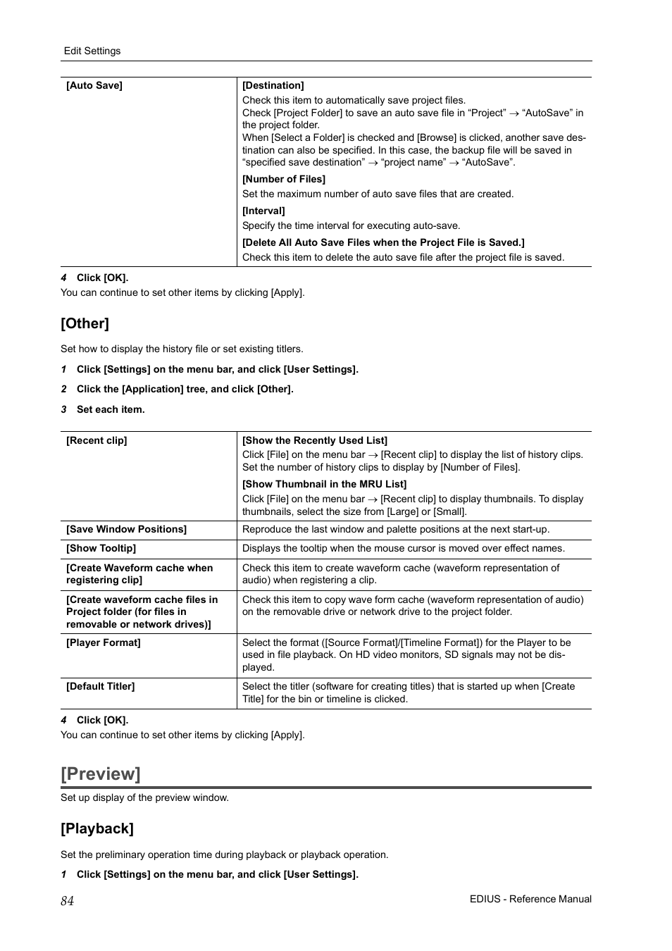 Other, Preview, Playback | Prev | Grass Valley EDIUS Pro v.7.20 User Manual | Page 106 / 520