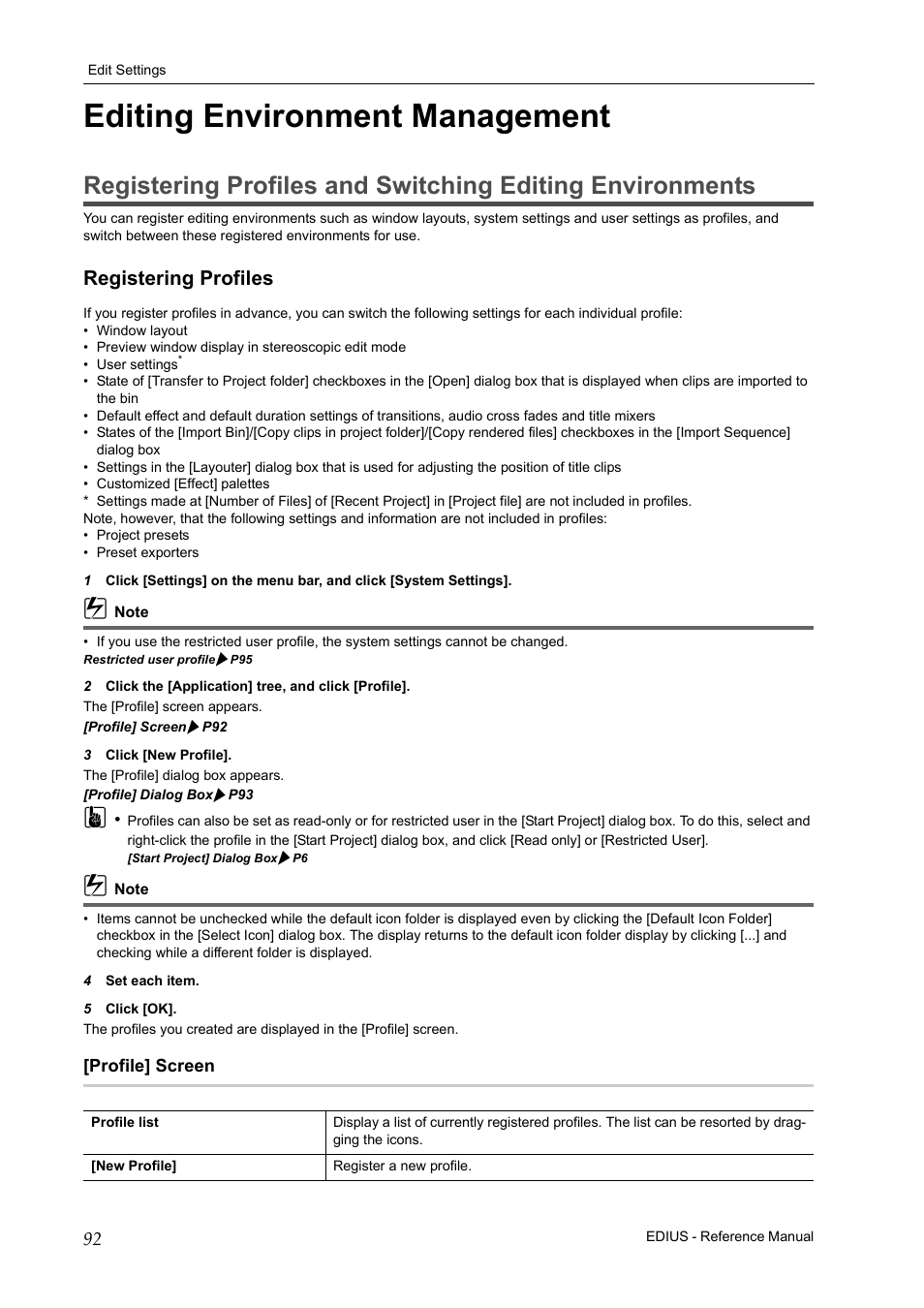 Editing environment management, Registering profiles, Profile] screen | Grass Valley EDIUS Pro v.7.20 User Manual | Page 114 / 520