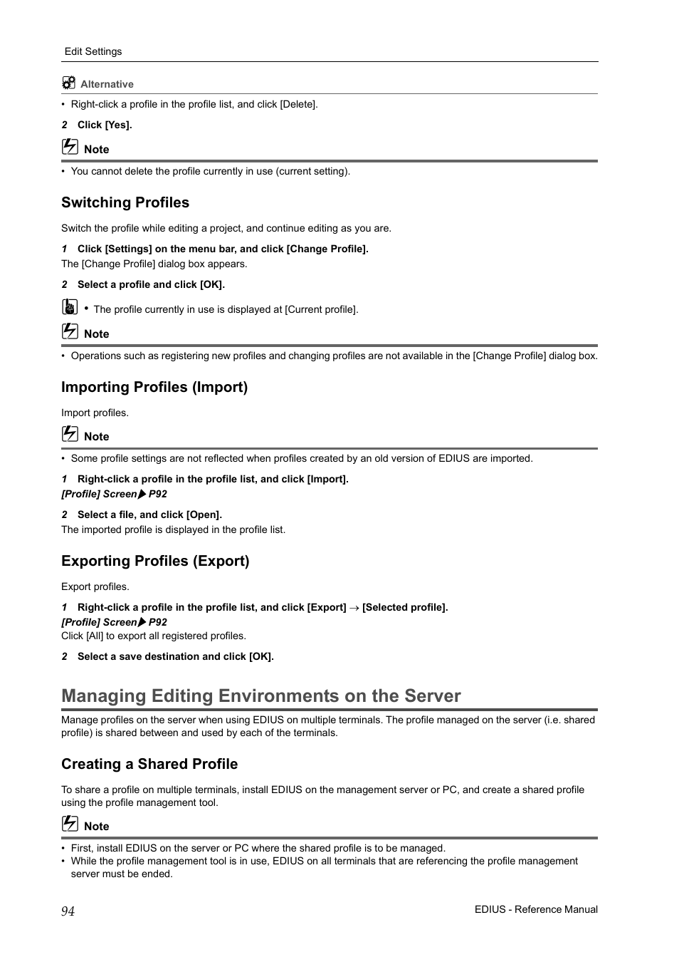 Switching profiles, Importing profiles (import), Exporting profiles (export) | Managing editing environments on the server, Creating a shared profile | Grass Valley EDIUS Pro v.7.20 User Manual | Page 116 / 520