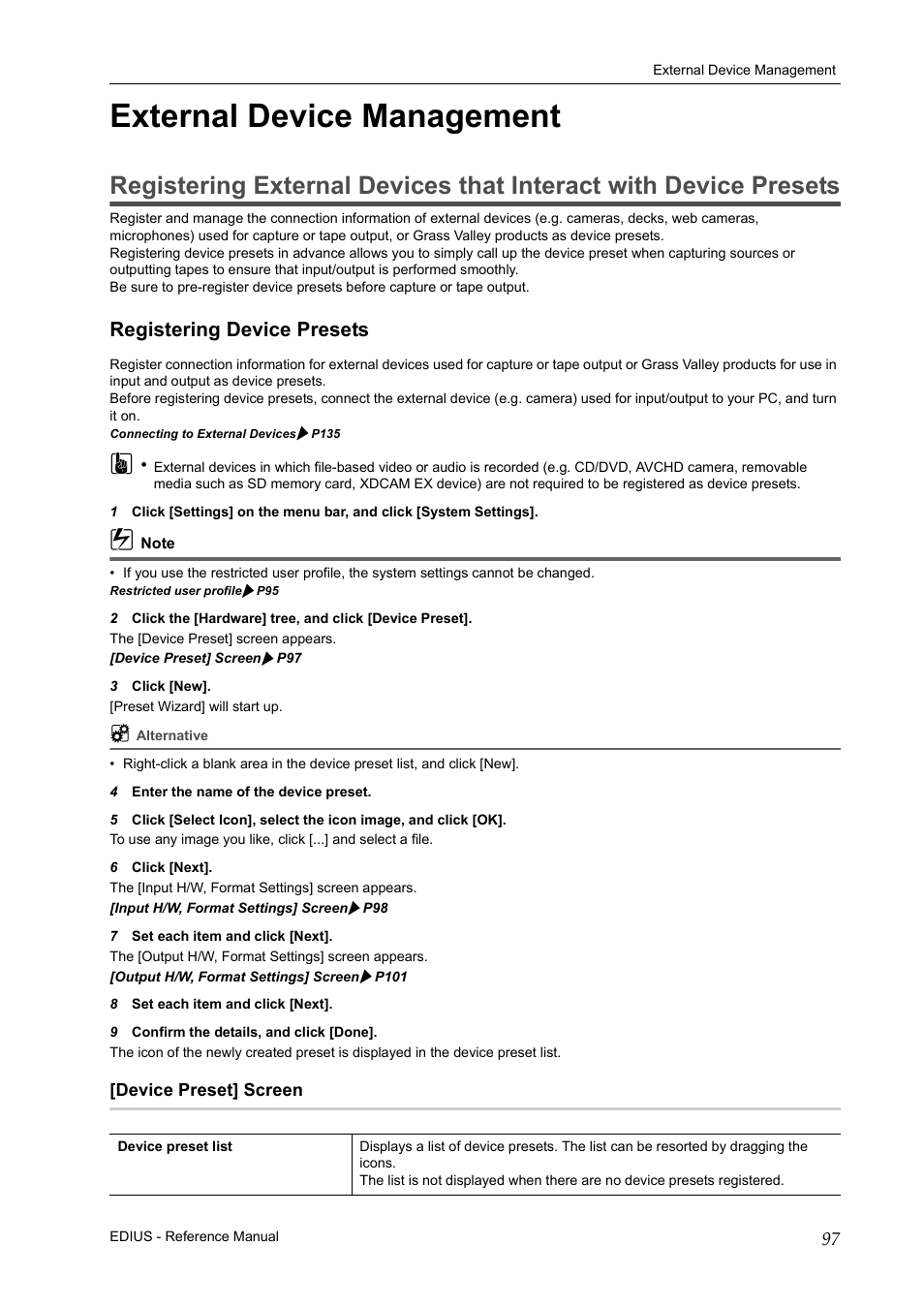 External device management, Registering device presets, Device preset] screen | Grass Valley EDIUS Pro v.7.20 User Manual | Page 119 / 520