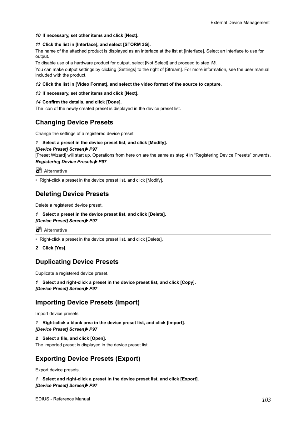 Changing device presets, Deleting device presets, Duplicating device presets | Importing device presets (import), Exporting device presets (export), P103 | Grass Valley EDIUS Pro v.7.20 User Manual | Page 125 / 520