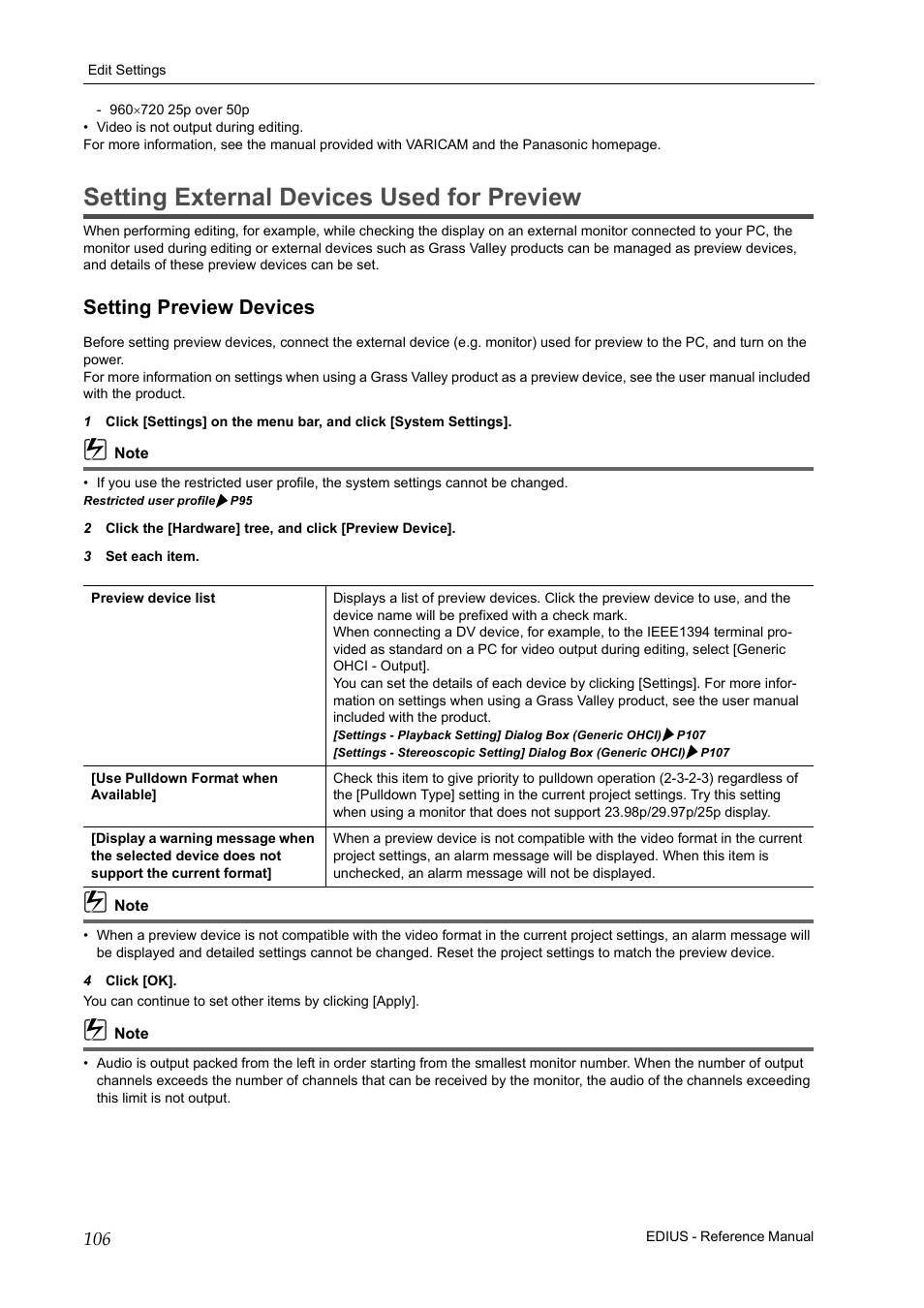 Setting external devices used for preview, Setting preview devices | Grass Valley EDIUS Pro v.7.20 User Manual | Page 128 / 520