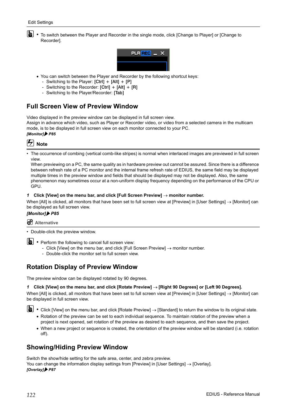 Full screen view of preview window, Rotation display of preview window, Showing/hiding preview window | Grass Valley EDIUS Pro v.7.20 User Manual | Page 144 / 520