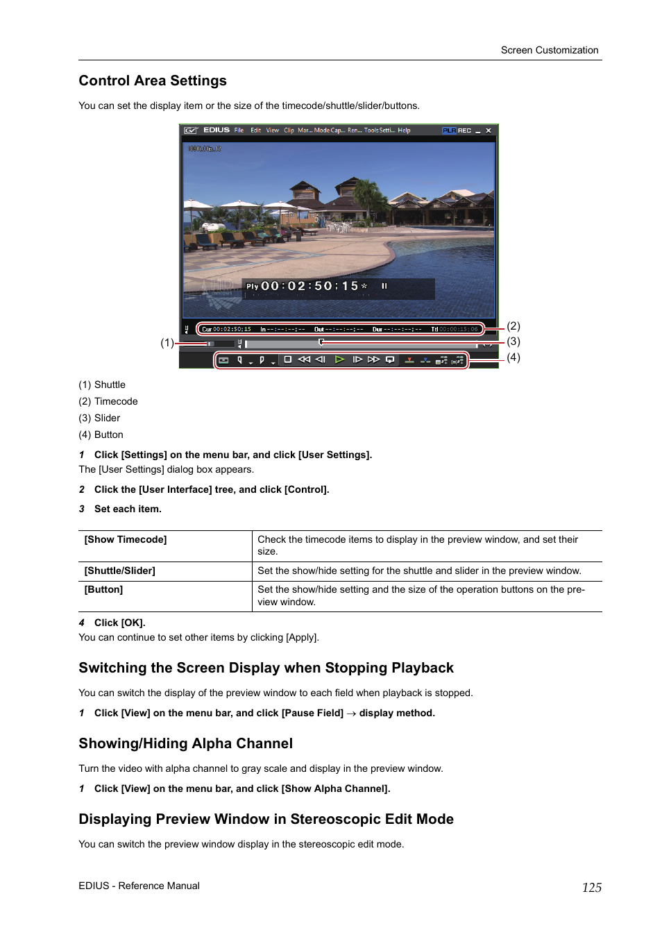 Control area settings, Showing/hiding alpha channel, P125 | Grass Valley EDIUS Pro v.7.20 User Manual | Page 147 / 520